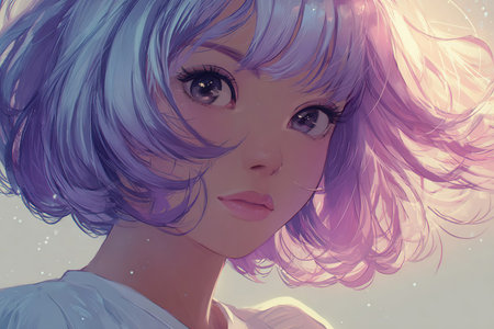 Portrait of a young woman with pastel purple hair, illuminated by soft light, creating an ethereal ambiance and highlighting her delicate features in a captivating illustrationの素材