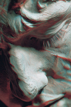 Detailed close-up of a sculpted face, emphasizing textures and artistic features, set against a dramatic lighting backdrop, showing the beauty of craftsmanshipの素材