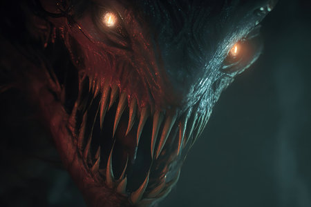 Ominous dark creature with glowing eyes and sharp teeth emerges from shadows, creating a menacing atmosphere that evokes feelings of fear and power in viewersの素材