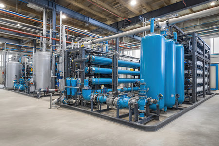Water treatment facility with blue tanks and pipes, highlighting advanced machinery and technology in a spacious industrial environment, emphasizing modern engineering and efficiencyの素材