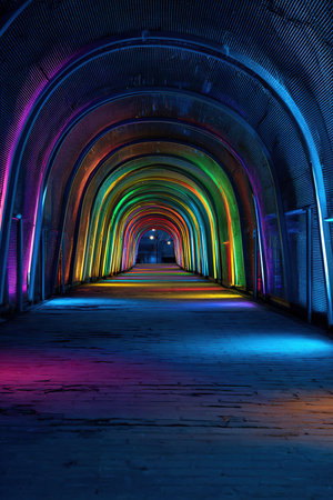 Vibrant tunnel features colorful arches illuminated by bright lights, creating a captivating ambiance that invites exploration and evokes feelings of wonder and excitementの素材