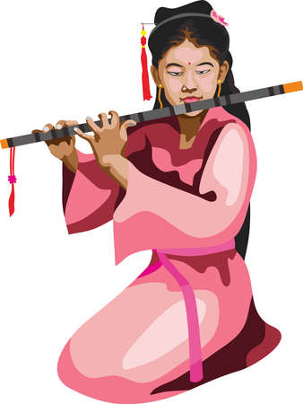 Chinese Traditional Flute Music Instrument Playerのイラスト素材