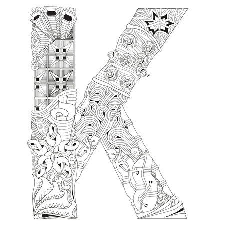 Hand-painted art design. Adult anti-stress coloring page. Black and white hand drawn illustration letter K for coloring bookのイラスト素材
