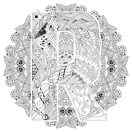 Hand-painted art design. Adult anti-stress coloring page. Black and white hand drawn illustration mandala with letter R for coloring bookのイラスト素材