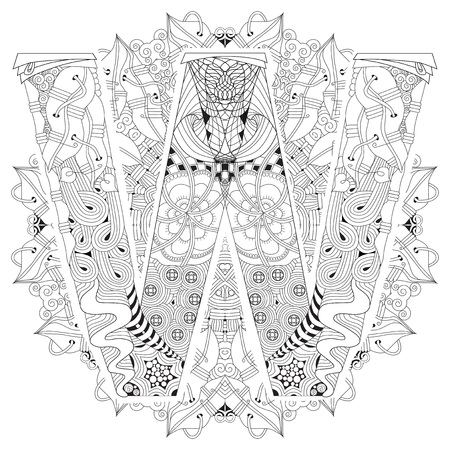 Hand-painted art design. Adult anti-stress coloring page. Black and white hand drawn illustration mandala with letter W for coloring bookのイラスト素材