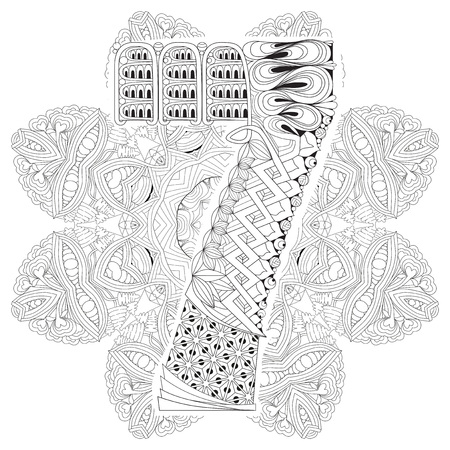 Hand-painted art design. Adult anti-stress coloring page. Black and white hand drawn illustration mandala with numero seven for coloring bookのイラスト素材