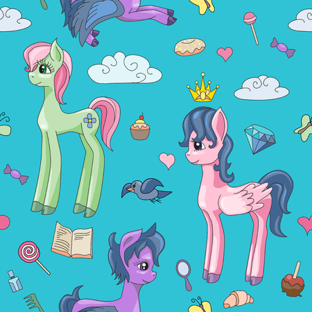 Pony vector cartoon little horse baby for children illustration set of fantasy child animal with colorful ponytailed hair. Seamless patternのイラスト素材