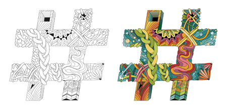 Hand-painted art design. Picturesque, colorful zentangle hashtag. Color and outline setのイラスト素材