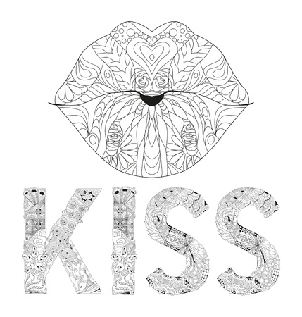 Hand-painted art design. Hand drawn illustration word KISS with lips silhouettefor coloring, for t-shirt and other decorationのイラスト素材