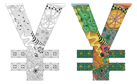 Hand-painted art design. Colorful symbol of yen for t-shirt and other decoration. Colored and outline setのイラスト素材