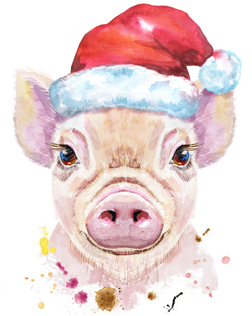 Cute piggy in a Santa hat. Pig for T-shirt graphics. Watercolor pink mini pig illustrationの写真素材