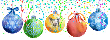 Border with watercolor Christmas balls with image of pig and snowflakes. Card for your creativityの写真素材