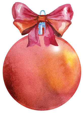 Watercolor Christmas red ball with bow isolated on a white background.の写真素材