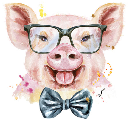 Cute piggy. Pig for T-shirt graphics. Watercolor pink pig with bow-tie and glassesの写真素材