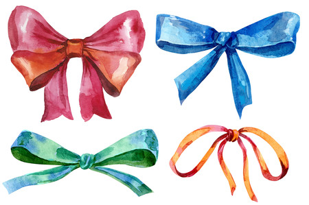 Set of watercolor bows. Hand painted gift bows isolated on white background. Party or greeting objectsの写真素材