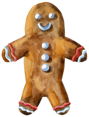 Watercolor christmas gingerbread. Hand painted gingerbread man isolated on white background. For design, background or print.の写真素材