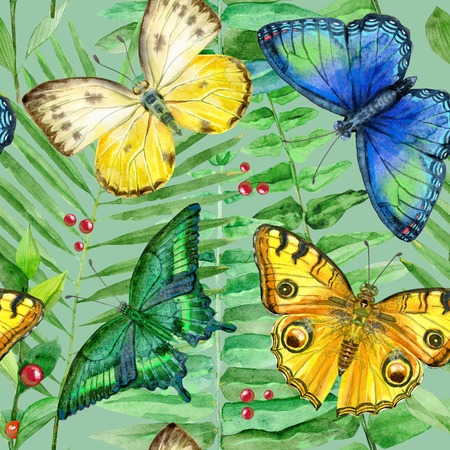 Floral leaves seamless pattern with colorful butterflies. Artistic design for floral print for packaging, textile, wallpaper, gift wrap, greeting or wedding background.の写真素材