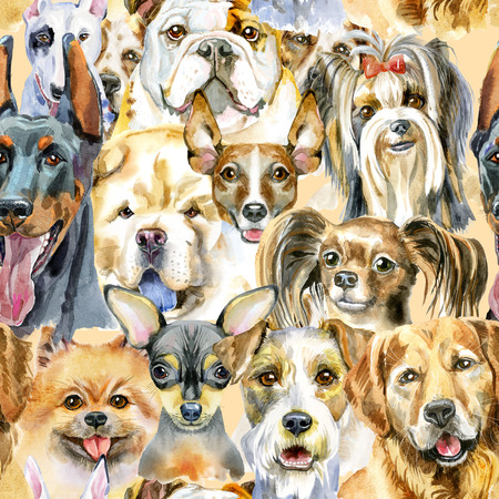 Watercolor seamless pattern of dog. Pet, puppy background. Animal wallpaperの写真素材
