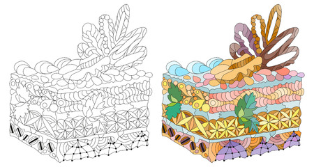 Vector piece of cake with abstract ornaments. Hand drawn illustration for t-shirt in zentangle, doodle style. Color and outline setのイラスト素材