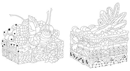 Vector pieces of cake with abstract ornaments. Hand drawn illustration for t-shirt in zentangle, doodle style.のイラスト素材