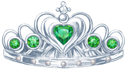 Watercolor silver crown with precious stones emerald and fianitの写真素材
