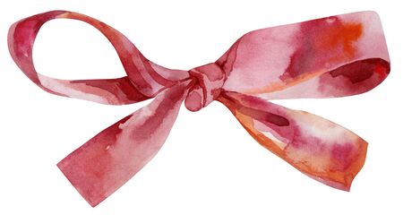 Watercolor red bow. Hand painted gift bow isolated on white background. Party or greeting objectの写真素材