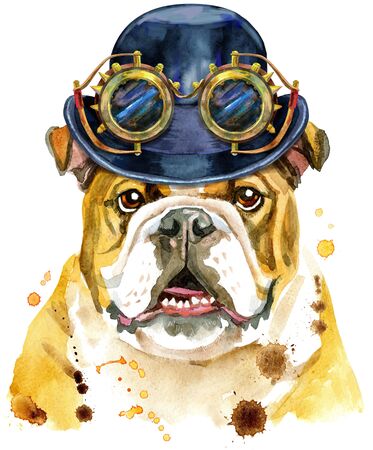 Watercolor portrait of bulldog with hat bowler and steampunk glassesの写真素材