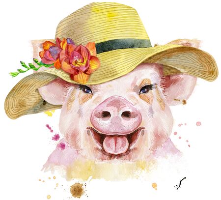 Watercolor portrait of pig with summer hatの写真素材