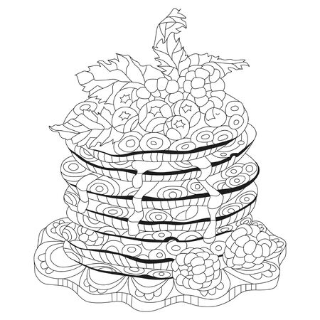 Vector pancakes with raspberries, blueberries and mint leaves. Hand drawn illustration for t-shirt in zentangle, doodle style.のイラスト素材