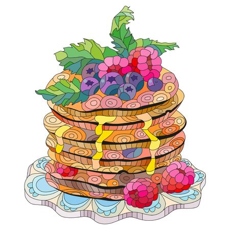pancakes with raspberries, blueberries and mint leaves. Hand drawn illustration for t-shirt in  doodle style.のイラスト素材