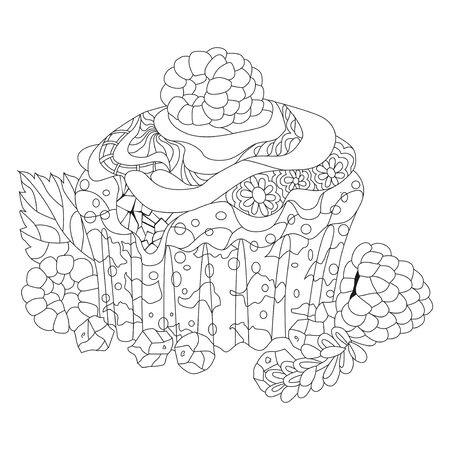 cupcake with chocolate and raspberry with abstract ornaments. Hand drawn illustration for t-shirt in doodle style.のイラスト素材