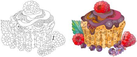 cupcake with chocolate and raspberry with abstract ornaments. Hand drawn illustration for t-shirt in doodle style. Color and outline setのイラスト素材