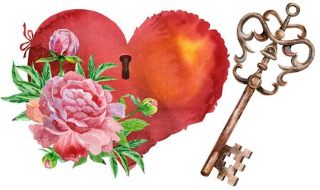 Heart, key and peonies. Watercolor illustration on a white backgroundの写真素材