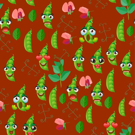 Seamless pattern with emoji green pea. Funny cute faces characterのイラスト素材