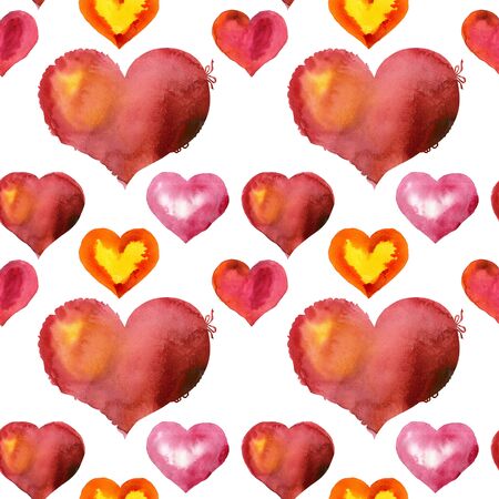 Seamless pattern of watercolor red hearts with light and shade, painted by hand