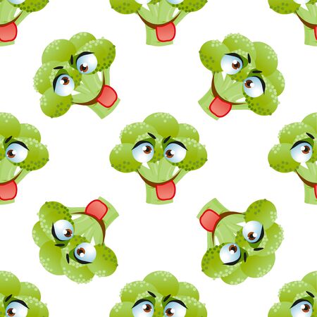 Seamless pattern broccoli. Funny cute faces characterのイラスト素材