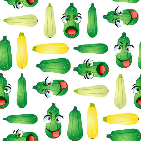 Seamless pattern vegetable zucchini. Funny cute faces character.のイラスト素材