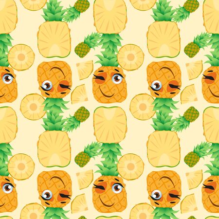 Seamless pattern exotic fruit pineapple. Funny cute faces characterのイラスト素材