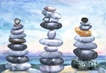 Watercolor seascape stacks of flat pebbles for wallpaper design. Colorful wallpaper. Background illustration.の写真素材