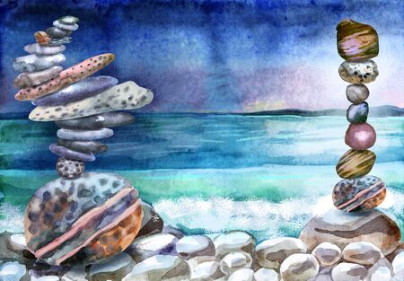 Watercolor seascape stacks of flat pebbles for wallpaper design. Colorful wallpaper. Background illustration.の写真素材