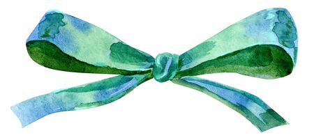 Watercolor green bow. Hand painted gift bow isolated on white background. Party or greeting objectの写真素材