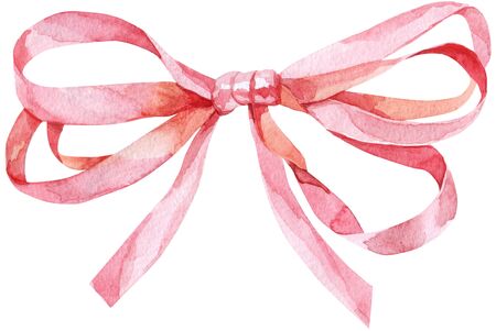 Watercolor pink bow. Hand painted gift bow isolated on white background. Party or greeting objectの写真素材