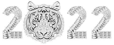 Hand drawn tiger number 2022 for coloring, for t-shirt and other decorationsのイラスト素材
