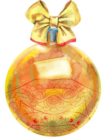 Watercolor Christmas ball with bow isolated on a white background.の写真素材