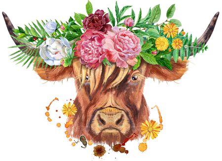 Bull watercolor graphics. Bull animal illustration with flowers and splashes. Watercolor textured background.の写真素材