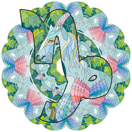 CAPRICORN zodiac sign with mandala cute cartoon character retro stylized in vectorのイラスト素材