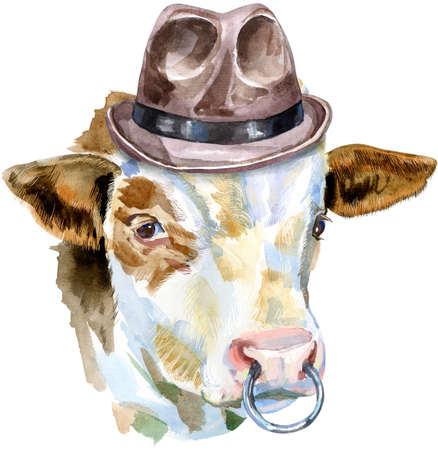 Bull watercolor graphics. Bull with brown hat. Animal illustration watercolor textured background.の写真素材