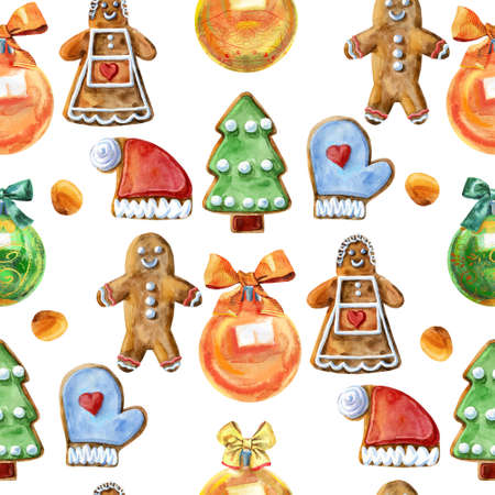 Seamless pattern. Watercolor christmas gingerbread. Hand painted gingerbread man isolated on white background. For design, background or print.の写真素材