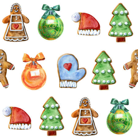 Seamless pattern. Watercolor christmas gingerbread. Hand painted gingerbread man isolated on white background. For design, background or print.の写真素材
