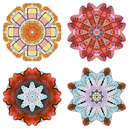 Hand-painted art design. Color hand drawn illustration set of 4 mandalas for decorationのイラスト素材